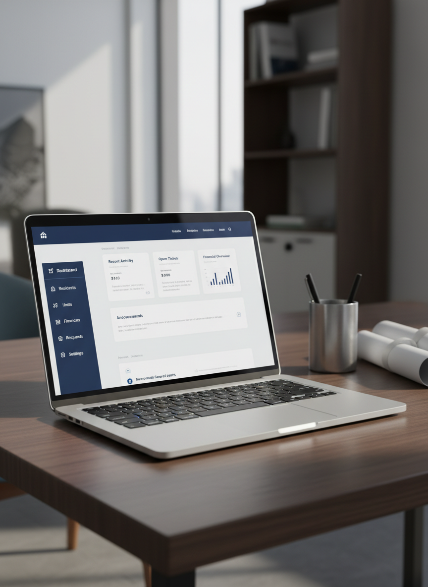 A sleek, ultra-modern laptop displaying a freshly redesigned condominium management website on its high-resolution screen, with clean navy and white interface elements, clear navigation panels, and well-structured dashboards. The laptop rests on a dark walnut desk beside neatly stacked architectural plans and a brushed metal pen holder. Soft daylight from an unseen window washes over the workspace, creating subtle reflections on the laptop’s aluminum body and gentle shadows along the desk edge. Photographic realism, captured at a slightly elevated angle with shallow depth of field so the interface is crisply in focus while the background fades into a soft blur. The mood is sophisticated, trustworthy, and professional, evoking the transformation from outdated to elegant digital presence.